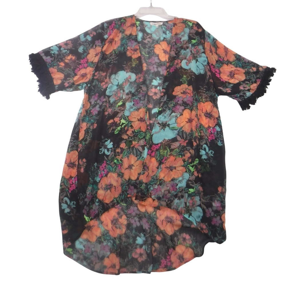 Wishful Park Floral Kimono Cardigan Black Orange Teal Fringe‎ Trim High Low Med